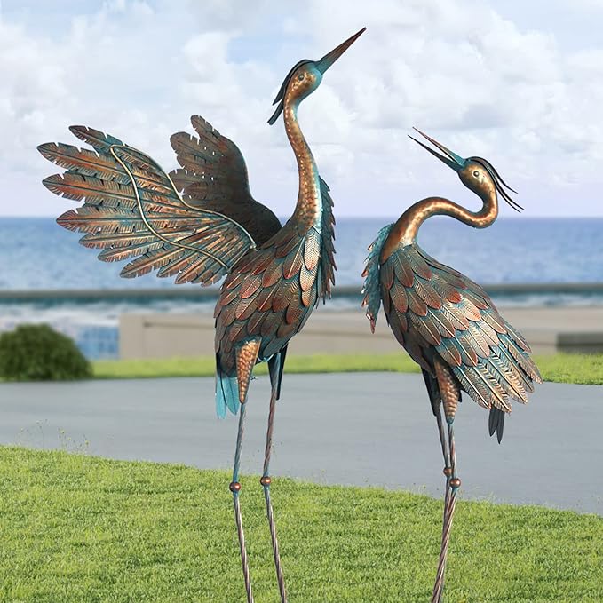 Metal Heron Yard Art, Standing Garden Sculptures & Statues for Outdoor Decor, 38-42 Inch Set of 2, Copper