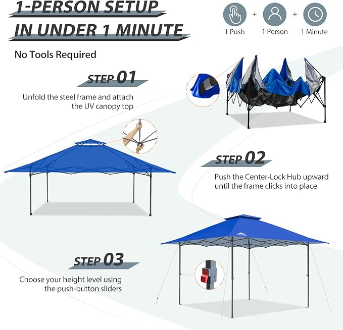 EAGLE PEAK 13x13 Straight Leg Pop Up Canopy Tent Instant Outdoor Canopy Easy Single Person Set up Folding Shelter w/Auto Extending Eaves 169 Square Feet of Shade (Blue)