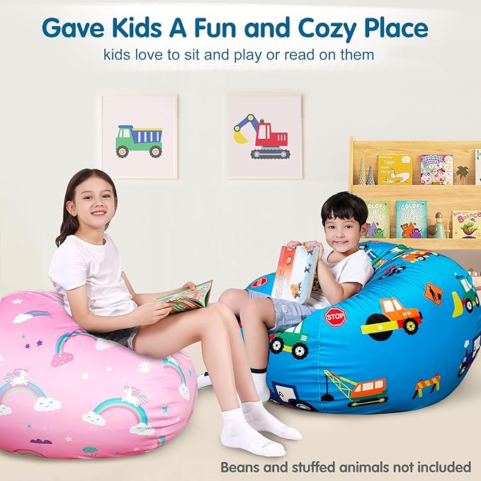 Lukeight Stuffed Animal Storage Bean Bag Chair Cover for Kids, Zipper Beanbag Chair Cover for Organizing Toddler & Kids' Rooms Plush Toys (Construction Velvet, Large)