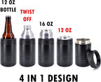 4-in-1 Stainless Steel 12 oz Double Wall Vacuum Insulated Can or Bottle Cooler Keeps Beverage Cold for Hours - Also Fits 16 oz Cans - Powder Coated Black - Clear Water Home Goods