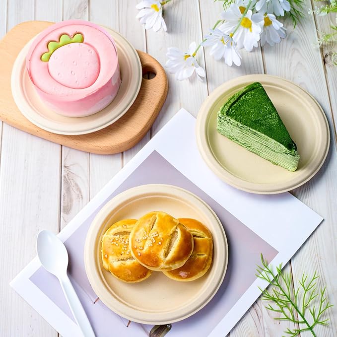 ECOLipak 6 Inch Disposable Compostable Small Paper Plates, 500 Pack Recycled Sugarcane Bagasse Biodegradable Heavy Duty Mini Dinner Appetizer Cake Dessert Plates for Party(Nature)