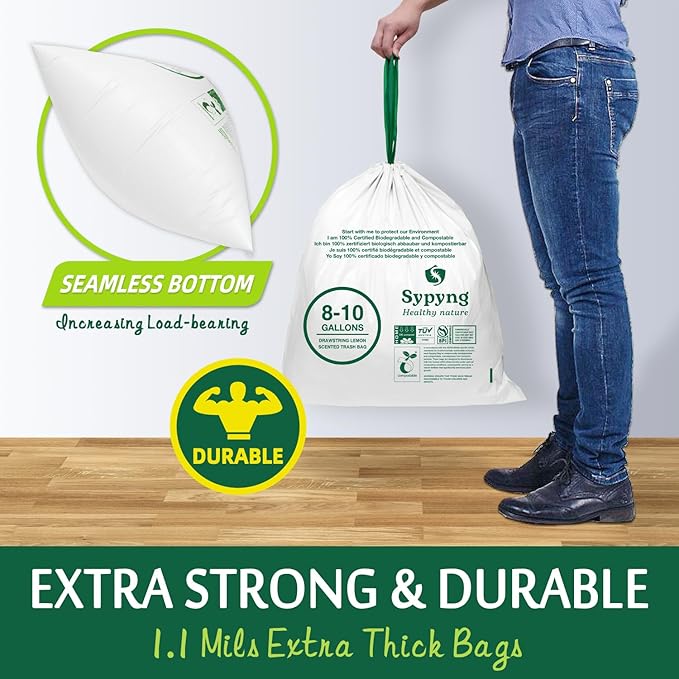 Compostable Kitchen Trash Bags 8-10 Gallon (50-Pack) – Heavy-Duty 1.1 Mil, 100% Biodegradable, ASTM D6400, BPI & OK Compost HOME Certified, Eco-Friendly, Leakproof & Odor Control