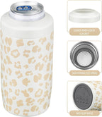 MAXSO Slim Can Cooler, 4-in-1 Double Walled Stainless Steel Insulated Beer Can Holder, Works With All 12 Oz Cans,Bottles & As A Pint Cups - Leopard