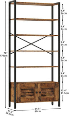 IRONCK Bookshelf and Bookcase with Adjustable 5 Shelves, 70" H x 31.5" W Wide Bookshelves with Door and Wheels, Vintage Brown