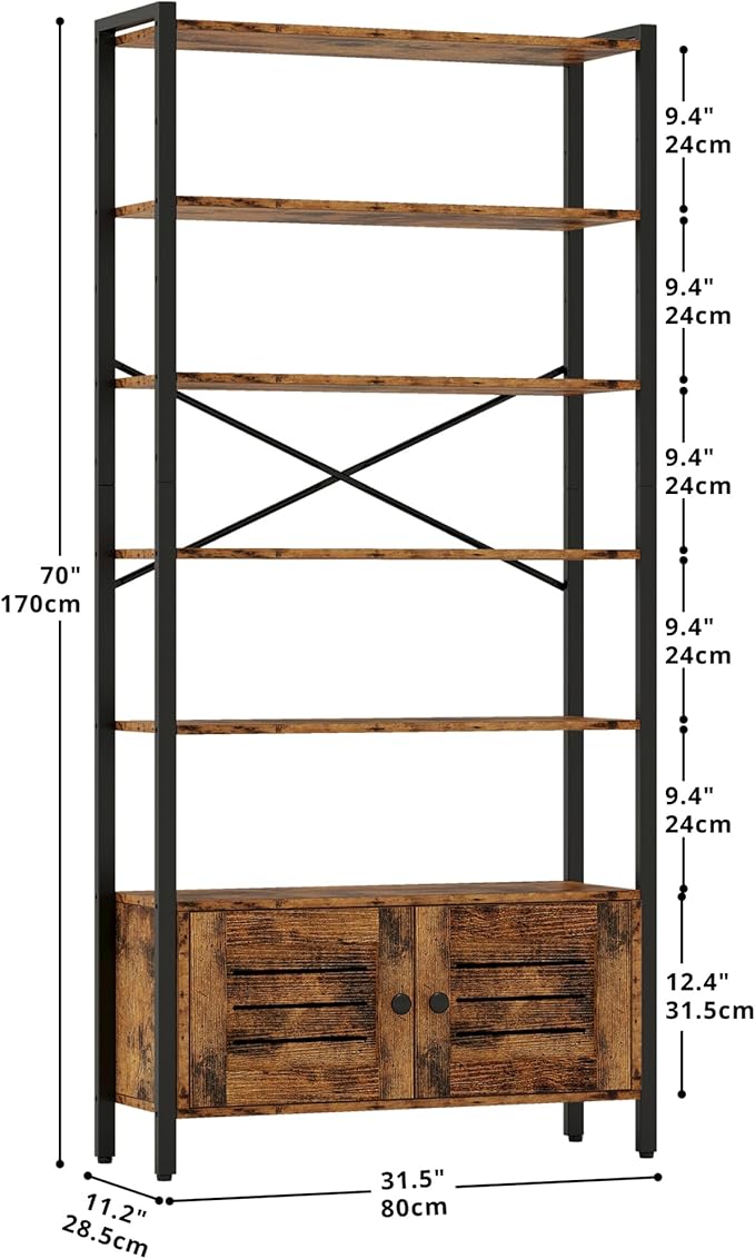 IRONCK Bookshelf and Bookcase with Adjustable 5 Shelves, 70" H x 31.5" W Wide Bookshelves with Door and Wheels, Vintage Brown