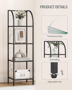 Bookcase Bookshelf, Tempered Glass Arched Bookshelf for More Storage, Slim Shelving Unit for Bedroom, Bathroom, Home Office, Steel Frame, 4 Tier Black BC20499B