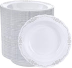 DaYammi 100 Pack Plastic Bowls with Silver Rim, 12oz Disposable Soup Bowls, Heavy Duty Dinner Bowls for Weddings, Parties, Dinners, Catering and Everyday Use