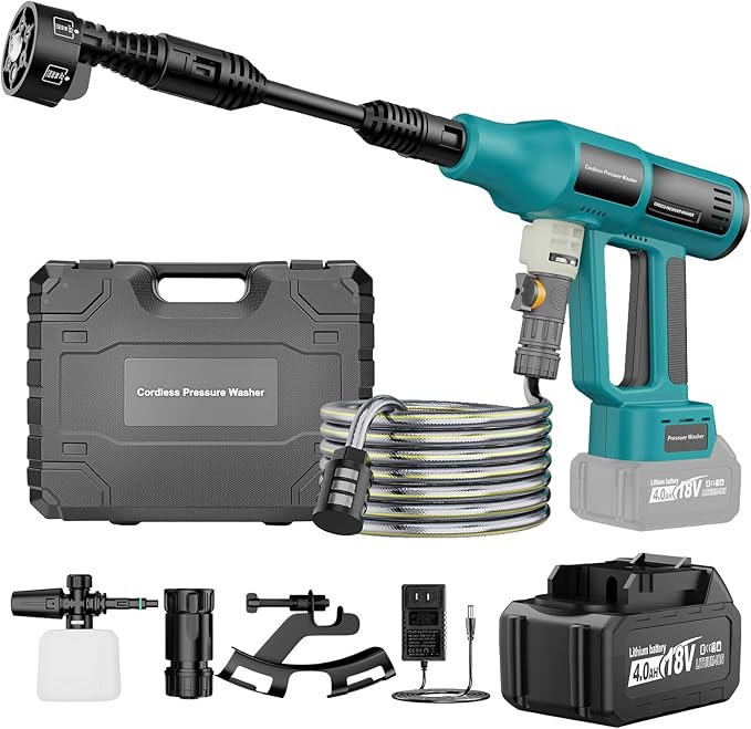 2025 Upgrade Cordless Pressure Washer, Portable Power Washer with 4.0Ah Battery & Charger, 700PSI Handheld Pressure Washer with 5M Hose, 4-Speed Setting, 6-in-1 Nozzle, Powered Cleaner for Car Floor