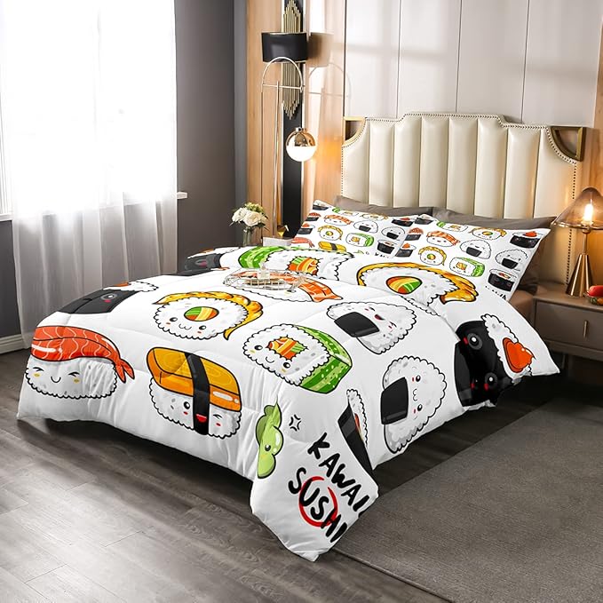 Erosebridal Kawaii Sushi Pattern Comforter Set Twin, Japanese Style Down Comforter, Food Theme Quilted Duvet for Kids Boys Girls Teens, Cute Cartoon Japanese Sushi Quilt Set Room Decorative