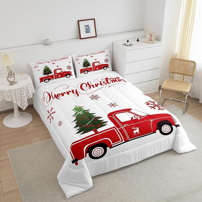 Christmas Tree Comforter Set Twin Size Red Truck Bedding Set Boys Girls Red Xmas Gift Snowflakes Comforter for Teens Bedroom Decor Elk Deer Christmas Decorations Bedding Duvet Set