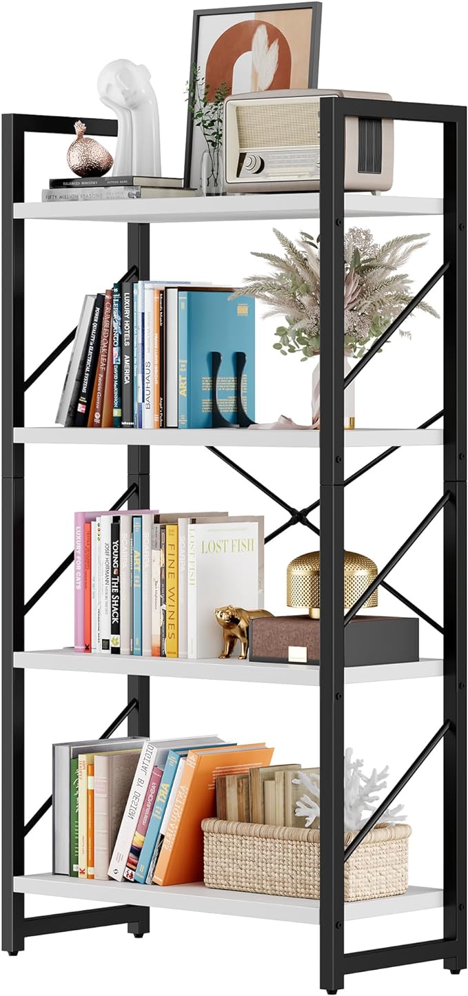 DWVO 4 Tier Bookshelf, Small Book Shelf Modern Bookcase, Narrow Book Case Book Storage Organizer for CD/Movie/Book, Bookshelves for Bedroom Office Living Room, White & Black