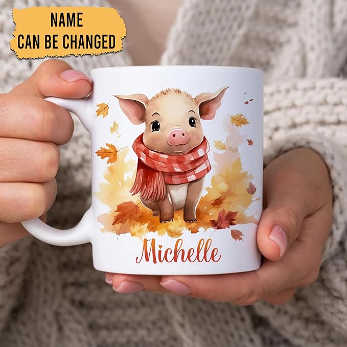 Hyturtle Personalized Fall Pig Maple Leaves Coffee Mug, Fall Autumn Décor | Birthday Gifts For Piggy Lovers - Pig Themed Gifts For Farmhouse Thanksgiving - Custom Name 11oz White Ceramic Coffee Tea Mug