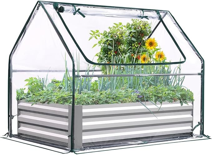 Quictent Raised Garden Bed with Cover Outdoor Galvanized Steel Planter Box Kit with Greenhouse Large Zipper Window Dual Use, 20pcs T-Type Tags & 1 Pair of Gloves Included 4x2.4x1 FT, Clear