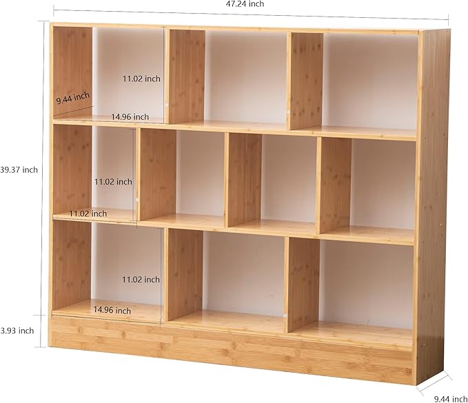 Maydear 47.24” Bamboo Bookshelf, 3 Tier Open Shelf Bookcases 10-Cube Bookshelf with Base, Freestanding Book Storage Organizer Display Shelf for Bedroom, Living Room, Home Office
