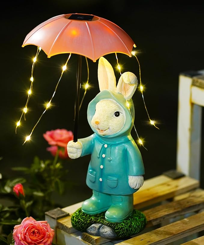 Solar Rabbit Garden Statue Outdoor Decor, Bunny Figurines Lights with Umbrella for Outside Yard Lawn Ornaments,Gifts for Mother's Day Birthday Easter Housewarming