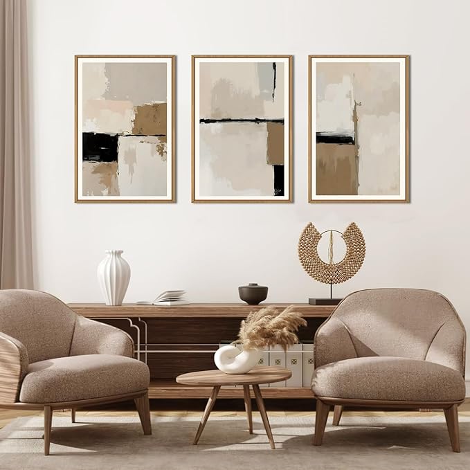 HPINUB Large Modern Abstract Framed Canvas Wall Art Set,Geometric Line Black White and Beige Textured Wall Decor Neutral Gray Minimalist Art Print for Living Room,Bedroom,Office -24"x36"x3