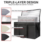 Insulated Food Delivery Bag with Hard Bottom, XXX-Large Insulated Reusable Grocery Cooler/Hot Bags, Tote Bag for Shopping/Travel, Black, 4-Pack