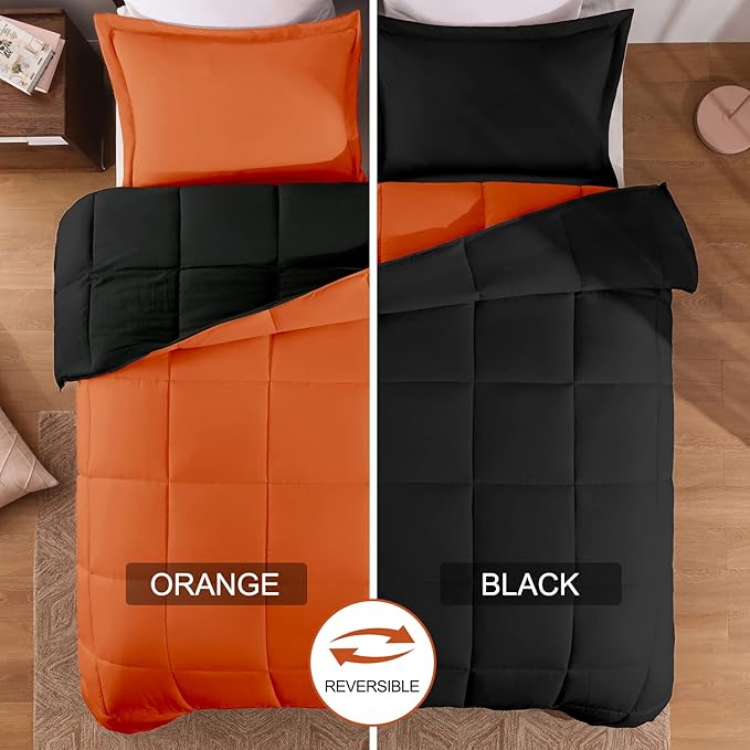 Basic Beyond King Size Comforter Set - Fluffy King Bed Comforter Set for All Seasons - Reversible Bedding King Size Comforter Set - 3 Pieces (1 Comforter + 2 Pillow Shams) - Orange/Black