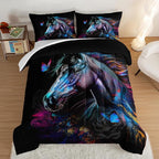 HOSIMA 3 Pieces Art Horse Comforter with 2 Pillowcases,Wildlife Horse Butterfly Black Comforter Set Boys Teens Aesthetic Room Decor,Animal Bedding King Size Comforter Set for adults.