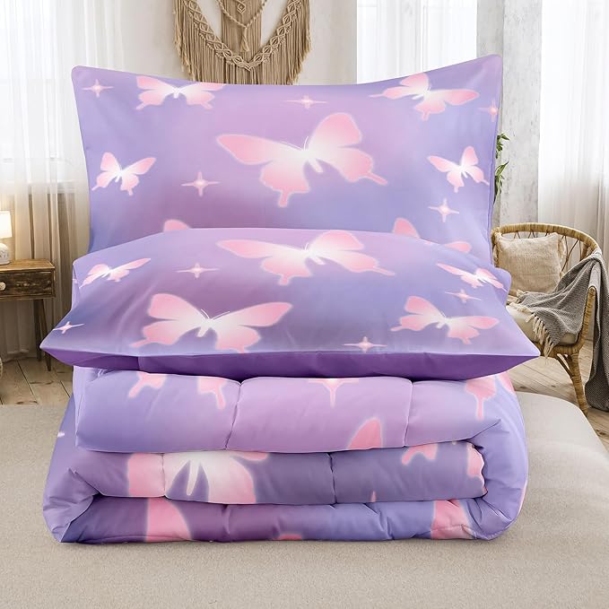 Tailor Shop Butterfly Comforter Sets Full Size,Purple Pink Butterfly Bedding Sets for Girls Kids Teens with 2 Pillowcase…