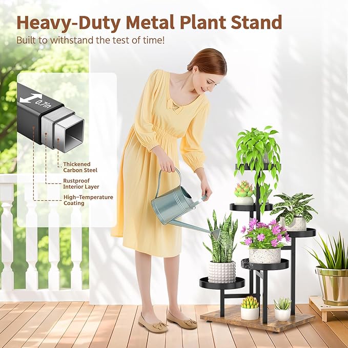 LASZOLA 6 Tier Black Plant Stand Indoor for Large Tall Heavy Duty Planter, Modern Mid Century Metal and Wooden Rack for Narrow House Bathroom Corner Floor, Vertical Spiral Orchid Organizer, Cat Proof