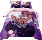 African American Girls Comforter Sets, Pretty Black Girls Love Music Purple Duvet, Fluffy Afro Gilrs Comforter Bedding Set, Queen Size Black Girls Magic Comforter Sets 1 Comforter +2 Pillowcases