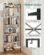 Bookshelf, Book Shelf, Industrial Bookcase with 2 Hooks, Coner Shelf Storage Organizer for Home Office, Living Room, Bedroom, Kitchen, 6-Tier Rustic Brown BC22701B