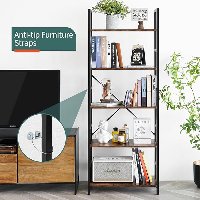 Yoobure 5 Tier Bookshelf - Tall Book Shelf Modern Bookcase for CDs/Movies/Books, Rustic Book Case Industrial Bookshelves Book Storage Organizer for Bedroom Home Office Living Room Rustic Brown