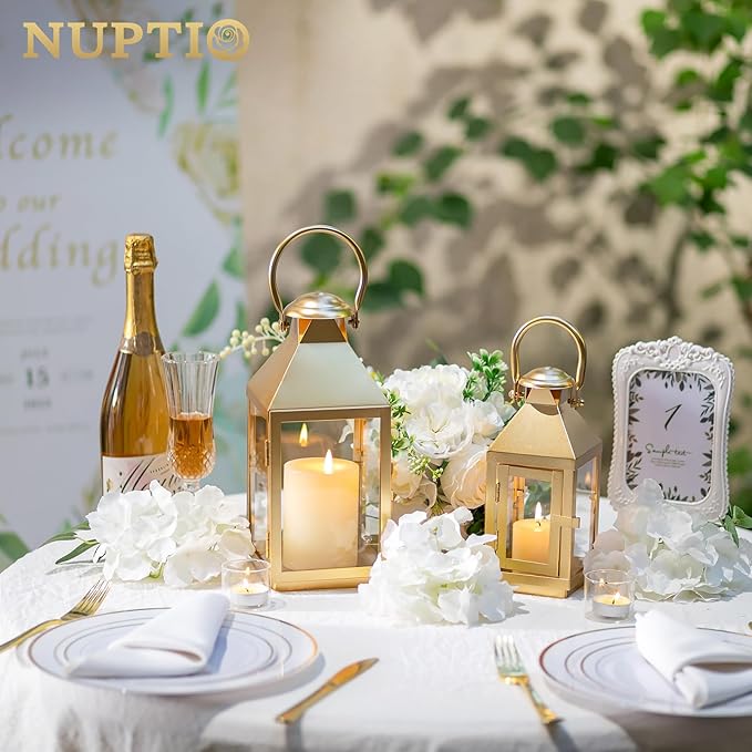 NUPTIO Gold Lanterns Decorative for Wedding: 11.3 Inch Tall Metal Lantern Decor with Glass - Outdoor Candle Holder for Table Centerpiece Dining Room Mantel Patio