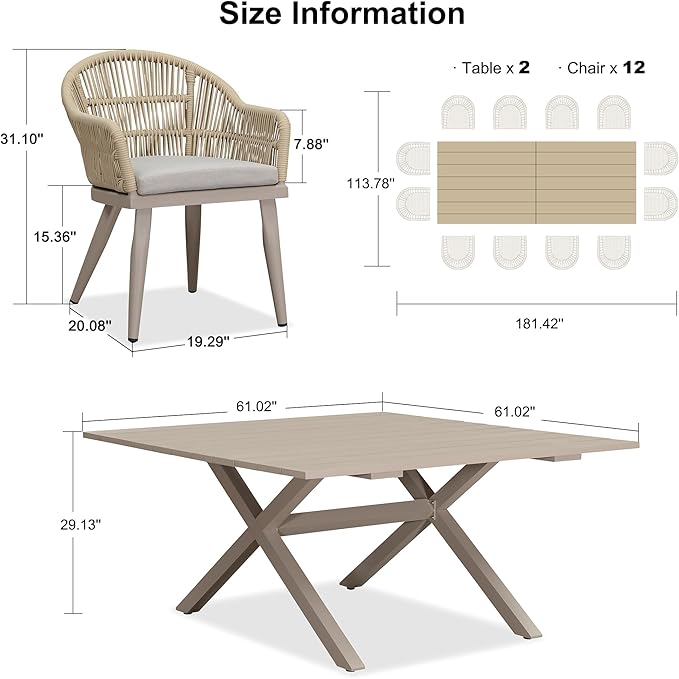 PURPLE LEAF 13 Pieces Oversized Patio Dining Set with Outdoor Aluminium Dining Table and Woven Chairs Modern Metal Furniture Cushions Sets for Garden Yard Indoor Decor Kitchen Champagne