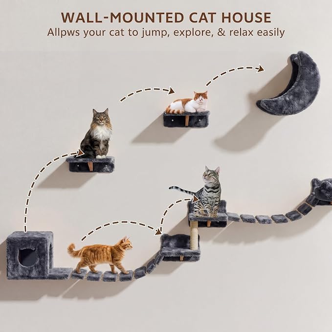 13-in-1 Cat Wall Shelves, Moon & Bridge Cat Wall Furniture, Grey | Wall Mounted Cats Shelf Set with Plush Fabric, Cat Climbing Systems for 16 Inch Drywall, Condo, Scratching Post, Space-Saving