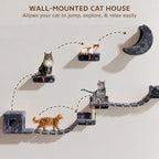 Cat Wall Furniture, 13 in 1 Moon & Bridge Cat Wall Shelves, Grey | Wall Mounted Cats Shelf Set with Plush Fabric, Cat Climbing Systems for 16 Inch Drywall, Condo, Scratching Post, Space-Saving