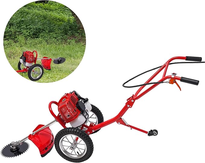 Walk Behind String Trimmer, 1.8KW Hand-Pull 2 Stroke Air-Cooled Single-Cylinder Lawn Mower Gas Powered 49CC 57.1X17.2X27.6 Inch Walk Behind Weed Trimmer for Lawn Garden