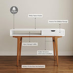 White Computer Desk with Drawers - 45 inch Minimalist Small Solid Wood Mid-Century Modern Office Desk for Home - Boho Style Writing Table with Open Storage,Light Wooden Desk Workspace