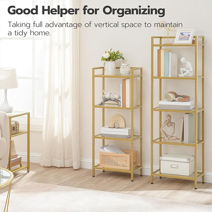 HOOBRO 5-Tier Gold Bookcase, Tempered Glass Bookshelves, Slim Shelving Unit for Living Room, Narrow Bookshelf for Small Spaces, Storage Rack Display Shelf for Home Office, Gold GD45SJ01