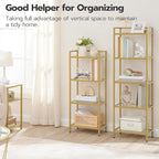 HOOBRO 5-Tier Gold Bookcase, Tempered Glass Bookshelves, Slim Shelving Unit for Living Room, Narrow Bookshelf for Small Spaces, Storage Rack Display Shelf for Home Office, Gold GD45SJ01