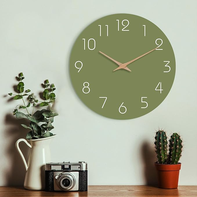 Mosewa Modern Wall Clock Silent Non Ticking 12 Inch Olive Green Battery Operated Simple Minimalist for Living Room Office Bedrooms Kitchen Home Decor