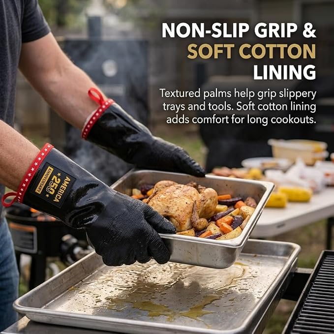 PRO BBQ Gloves, Black Neoprene, 14-Inch, Heat Resistant up to 932°F, Waterproof with Cotton Lining, America 250th Anniversary Edition, Includes Storage Bag (Close Fit-14INCH-932℉-PRO)