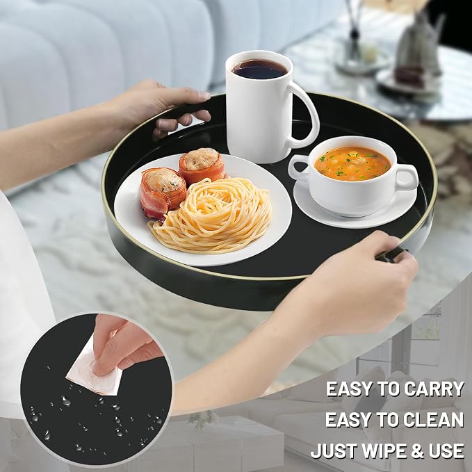MAONAME 13" Black Decorative Tray, Plastic Round Serving Tray with Handles | Decorative Tray for Coffee Table, Modern Ottoman Tray, Circle Tea Tray, Round Melamine Tray for Living Room, Bathroom