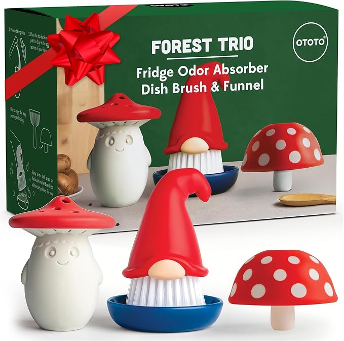 OTOTO Forest Trio Bundle of Beardy, Magic Mushroom, Fun Guy - Gnomes Dish Brush, Fungilicious Kitchen Funnel, Fridge Deodorizer, Mushroom Decor Cute Kitchen Accessories, Unique Mushroom Gnome Gifts
