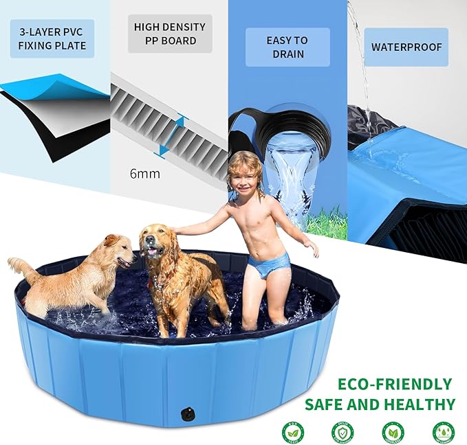 Foldable Dog Pool, 87" x 14" Large Kiddie Pool with Hard Plastic, Non-Slip Dog Bath Tub for Outdoor Backyard, Collapsible Dog Swimming Pool for Kids Dogs Pets (Blue)