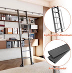 DIYHD 96" Rolling Library Ladder with Handrail, 4FT Sliding Rail, Black | 8-Step lightweight ladder with space-saving upright storage, Telescopic top hooks, Locking bottom rollers, 300lbs capacity