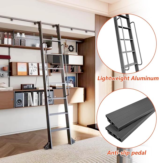 DIYHD 96" Rolling Library Ladder with Handrail, 4FT Sliding Rail, Black | 8-Step lightweight ladder with space-saving upright storage, Telescopic top hooks, Locking bottom rollers, 300lbs capacity