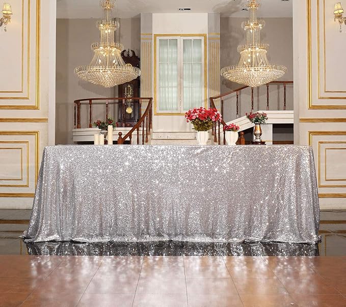 SquarePie Sequin Tablecloth 90 x 156 Inch Silver Sparkly Table Linen for Wedding Party