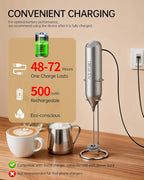 CIRCLE JOY Rechargeable Milk Frother Handheld with Stand, Dual Spring Whisk Electric Foam Maker, Detachable Hand Frother Wand Drink Mixer for Lattes, Cappuccino, Macchiato, Hot Chocolate, Silver