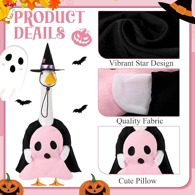 Sanwuta 1 Set Halloween Porch Goose Outfit Pink Ghost Pillow Design with Witch Hat for 23" Lawn Cement Goose Porch Geese Clothes Costume for Halloween Garden Patio Yard Outdoor Decorations