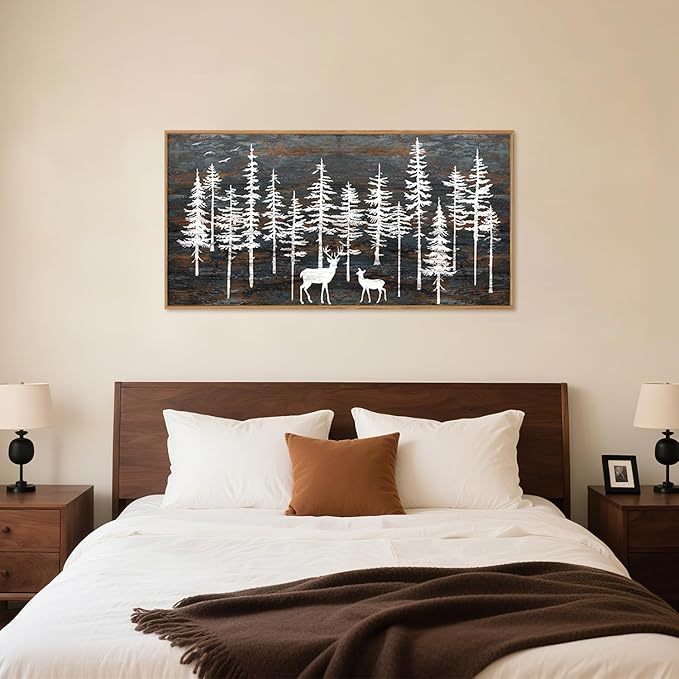Modern White Forest Framed Canvas Wall Art Set, Minimalist Woodland Art Painting, Retro Tree Landscape Wall Decor, Wildland Deer Artwork for Living Room, Dining Room, Office - 20"x40"