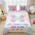 Twin Size Comforter Set for Girls, 5-Piece Bed in a Bag, 3D Colorful Butterfly Bedding Comforter Sheet Set, Ultra Soft and Fluffy, Pink & Rainbow Color