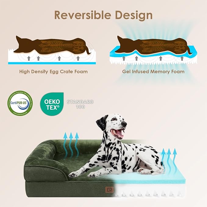 EHEYCIGA Orthopedic XL Dog Beds, Waterproof Memory Foam Dog Bed for Extra Large Dogs, Non-Slip Bottom and Egg-Crate Foam Big Dog Couch Bed with Washable Removable Cover, Dark Green