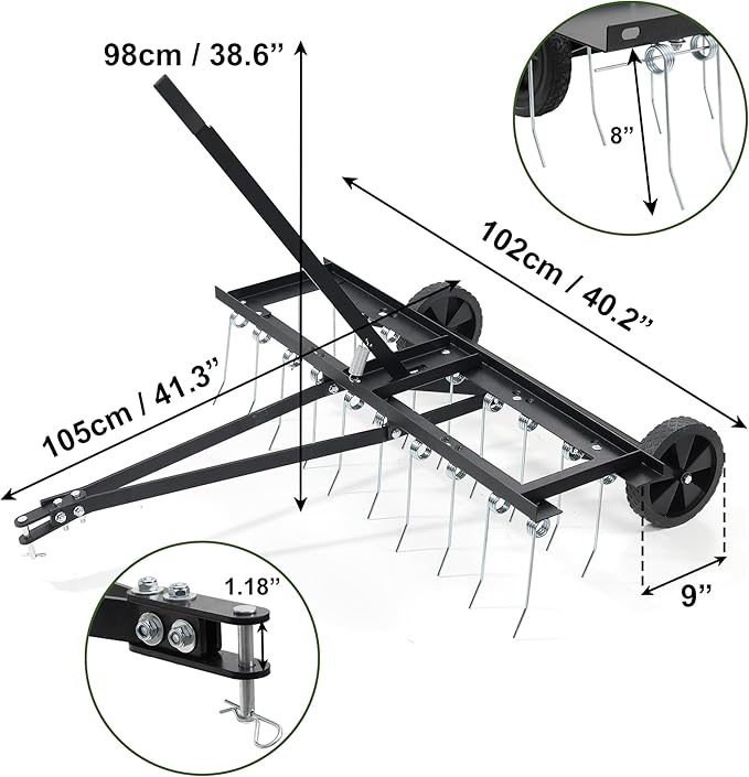 Tow Behind Aerator, 40 inch Lawn Pull Dethatcher with 20 Spring Steel Tines and Lift Handle for Outdoor Yard Care, Lawn Sweeper to Remove Thatch, Leaves and Pine Needles, Black